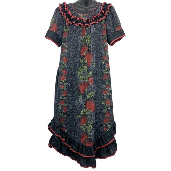 Good Times Aloha Hawaiian Floral Ruffle Medium M Muumuu Black Red Ohia Flower - Picture 1 of 10